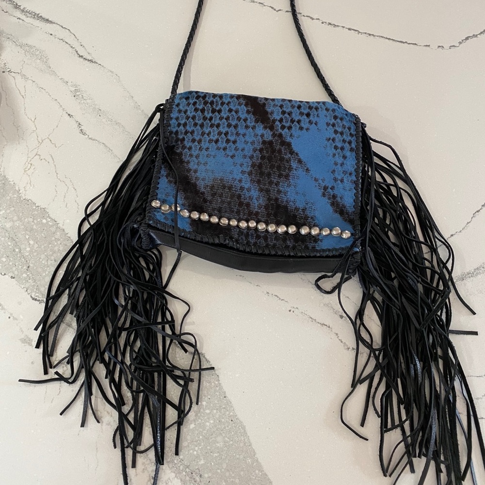 Blue Snake-Print Fringe Crossbody with Stud Accent